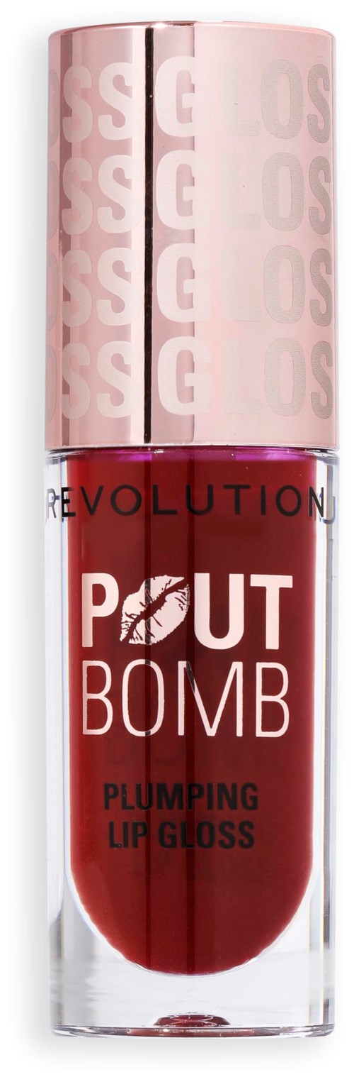 Ein Lippenstift mit der Aufschrift 'Put Bomb Plumping Lip Gloss' mit rosa Deckel und rotem Glanz.