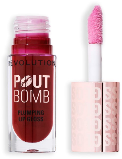 Rote Lippenstiftflasche mit "POUT BOMB" Etikett und pinkem Applikator.