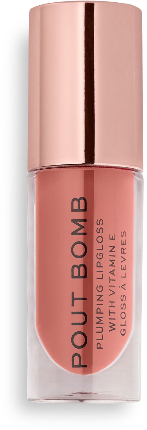 Een lippenstift in roze kleur, gelabeld 'POWER BOMB' en 'GLOSSY LIPS', met een gouden dop.