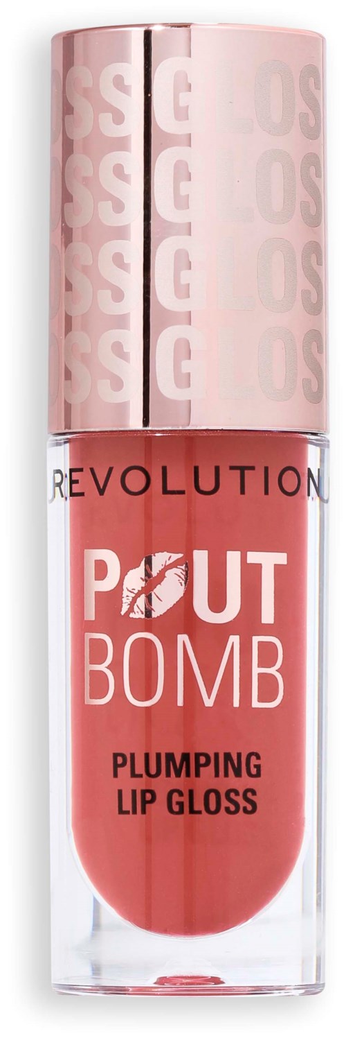 Ein pinkfarbener Lipgloss-Behälter mit der Aufschrift 'Revolution Put Bomb Plumping Lip Gloss' und einem Lippen-Icon.