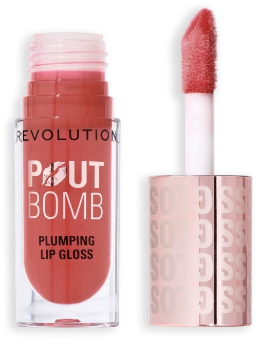 Ein Lipgloss-Flasche mit pink-rot Glanz und einem weißen Applikator mit pinkem Glanz.