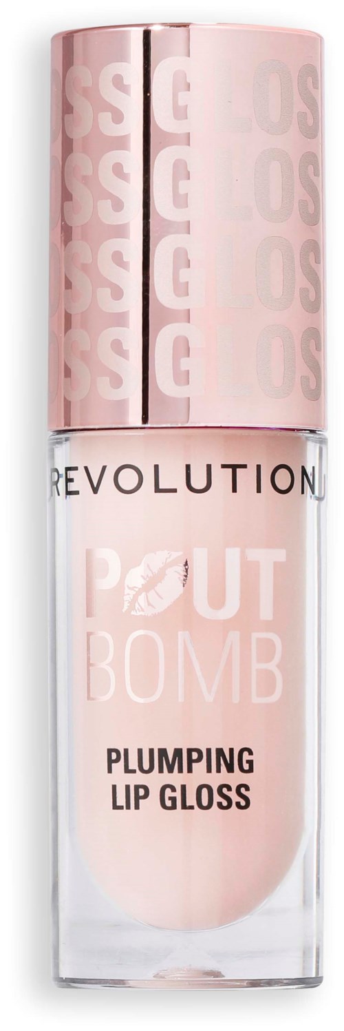 Een roze lipglossfles met zwarte en witte tekst, genaamd Revolution Pout Bomb, geeft vollere lippen.