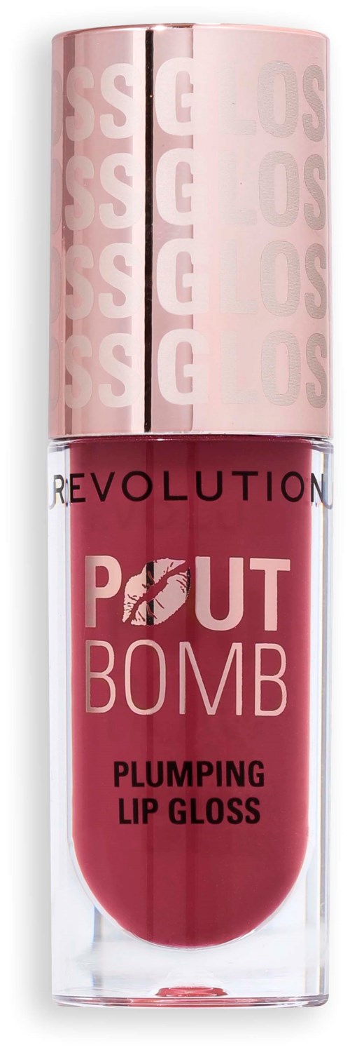 Ein pinkfarbiger Lippenstift mit der Aufschrift 'Revolution Put Bomb Plumping Lip Gloss' und einem Kusszeichen auf dem Deckel.