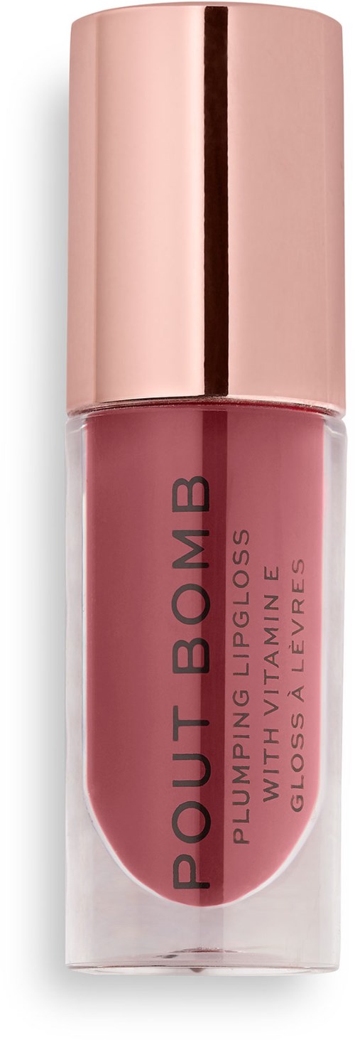 Ett rosa läppglansrör med ett metalliskt roséguldslock, märkt 'POUT BOMB' och 'GLOSSY LAUVERS'.