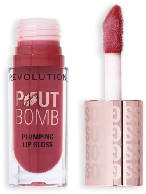 Ein Lippen gloss Flasche mit 'Revolution Pout Bomb' Beschriftung und passendem Applikator mit pinkem Lipgloss.