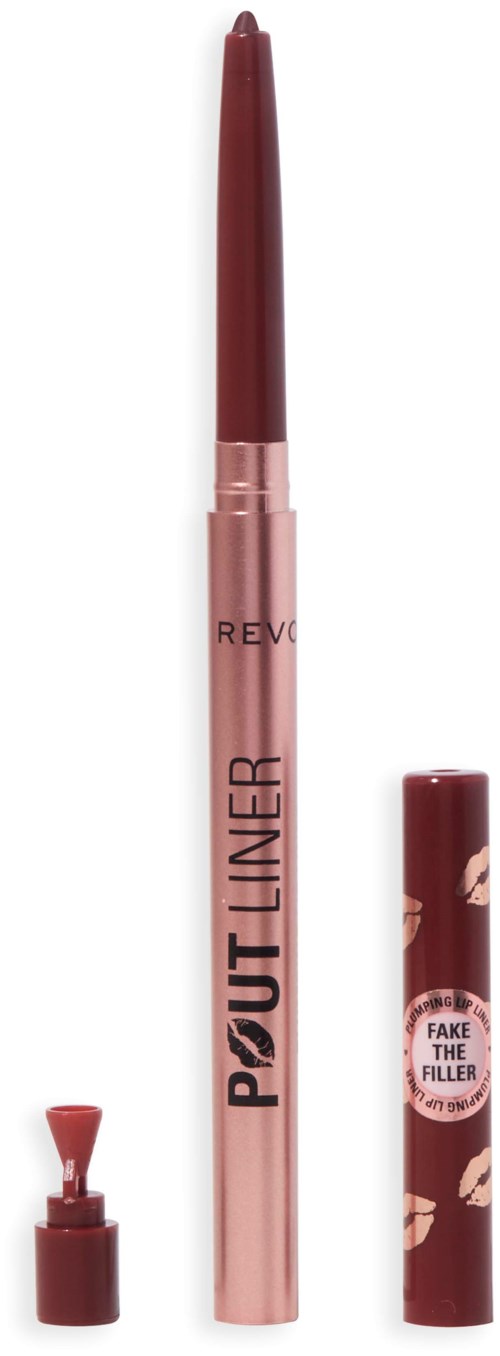 Eine flüssige Lipliner mit Drehspitze, rosa Körper und braunem Deckel mit Lippenmustern.