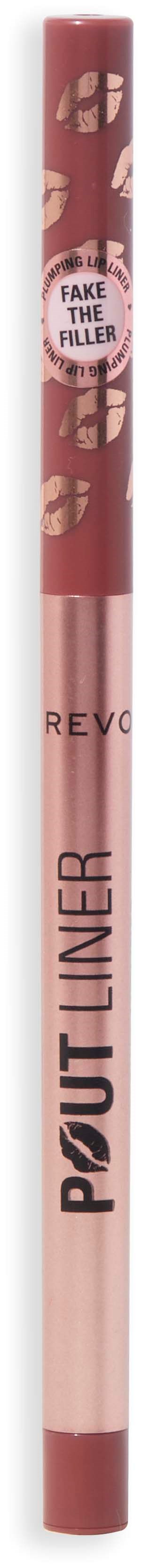 Ein Eyeliner mit pinkem und rotem Design, beschriftet mit 'POUT LINER' und 'REVOLUTION', mit Text über 'fake the filler'.