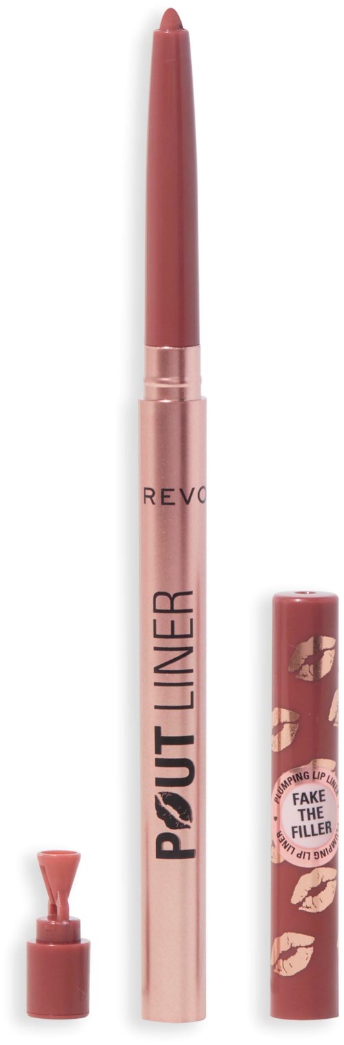 Ein rosa Lipliner mit Deckel, beschriftet "POUT LINER," und eine separate Kappe mit Lippenmuster.