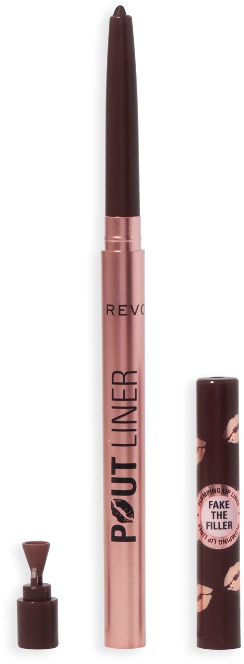 Ein Lippenstiftliner mit entferntem Deckel, der eine dunkle Spitze zeigt, und dekorative Verpackung mit rosa und schwarzem Design.