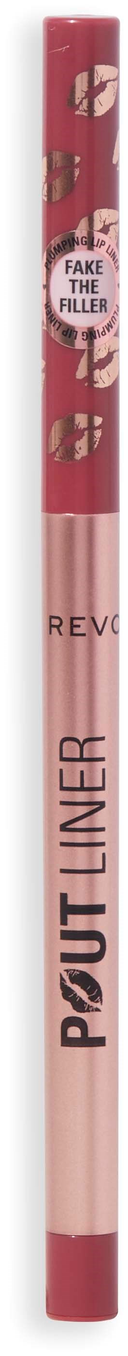 Ein pinker Lippenkonturenstift mit schwarzem Text und Blumenmuster oben, mit einem kleinen Aufkleber mit "Fake the Full."