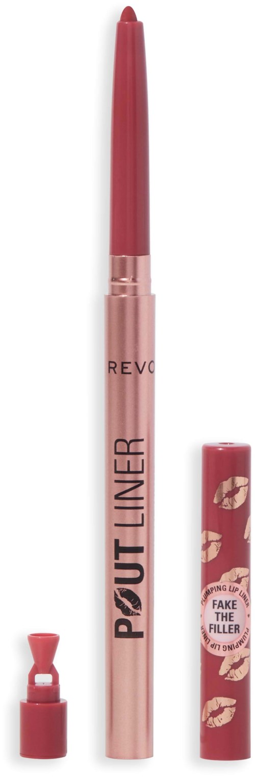 Ein pinker Lippenstiftstift mit Deckel mit Lippenstiftkissmotiv und Text 'Fake the Fuller' und 'Point Liner'.