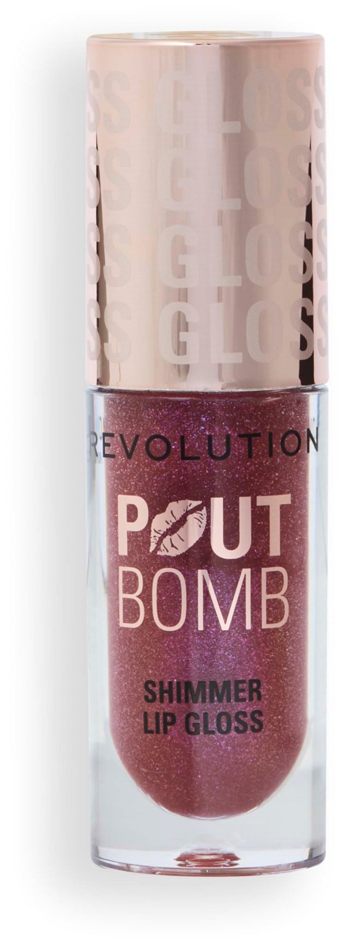 A lip gloss with a shiny, metallic gold cap and a transparent tube showing pinkish lip gloss inside.