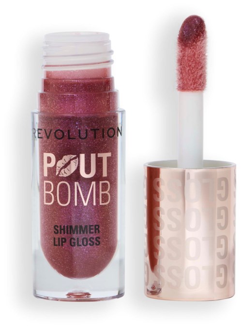 A pink lip gloss with a shiny, glittery finish next to its applicator. The gloss is in a clear tube labeled 'Pout Bomb'.