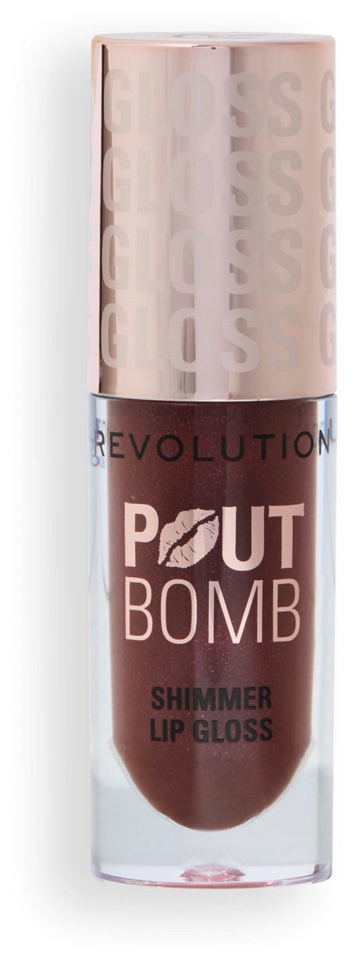 Lip gloss container labeled "POUT BOMB SHIMMER LIP GLOSS" with a pink cap and clear body.