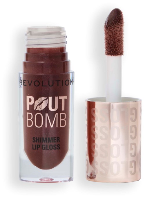 Lip gloss tube with shimmery brown gloss and a sponge applicator.