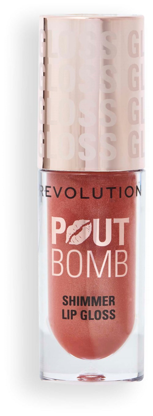 This is a lip gloss container with pink and gold colors, labeled 'Pout Bomb Shimmer Lip Gloss' by Revolution.
