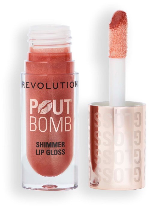 Lip gloss container with a wand applicator, labeled 'Revolution Pout Bomb Shimmer Lip Gloss'.