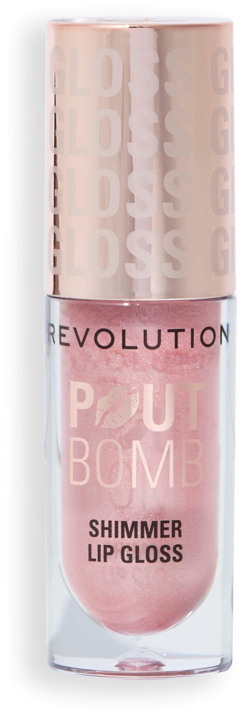 Een tube roze lipgloss met een gouden dop, gelabeld 'Revolution Put Bomb Shimmer Lip Gloss.'