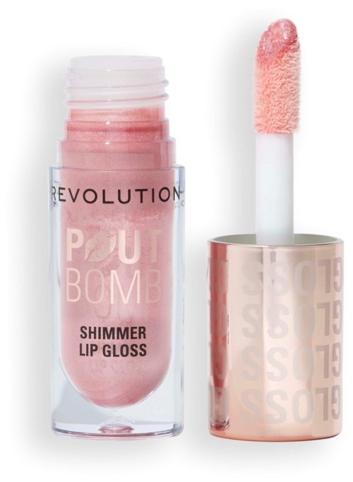 Lippen glans met roze glans, in een doorzichtige tube, en een bijpassende roze applicatorborstel.