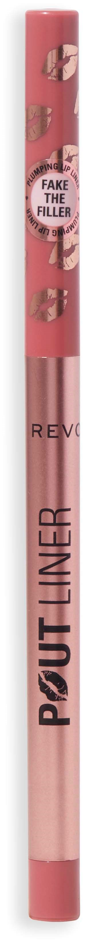 Een roze liplinerpotlood met verpakking met lipafbeeldingen en tekst. Het wordt gebruikt voor make-up.