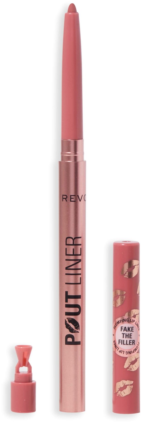 Roze lipliner pen met dop eraf, toont de punt, en bijpassende dop met lipafbeeldingen.