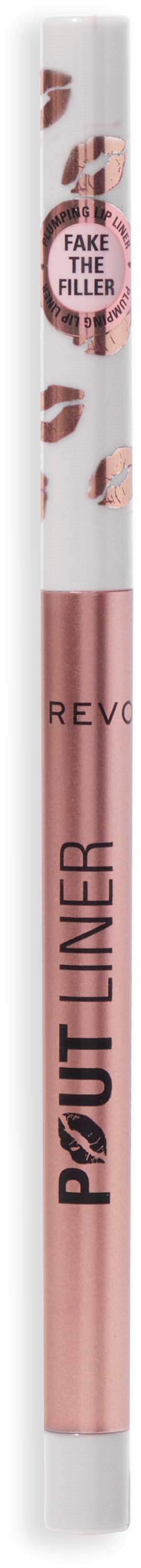 Ein Lippenstift mit weißem und rosa Design, gekennzeichnet 'Revolution Fake The Filter', steht aufrecht.