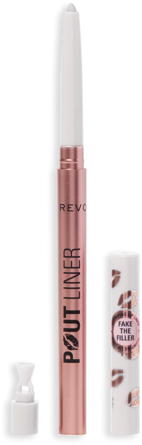 Ein rosa Stift mit weißer Spitze, beschriftet "POUT LINER" und "Revolution," mit einem Deckel, der Lippen und "Fake the Filler" zeigt.