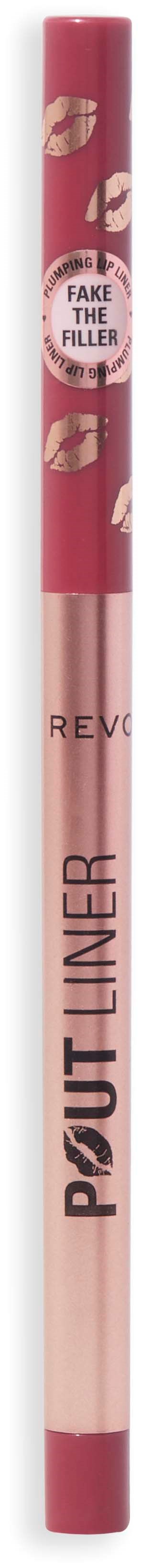 Rosenfarbener Lipgloss mit Goldlippen-Design und 'Fake the Fuller'-Label. Marke ist Revlon, namens Poutliner.