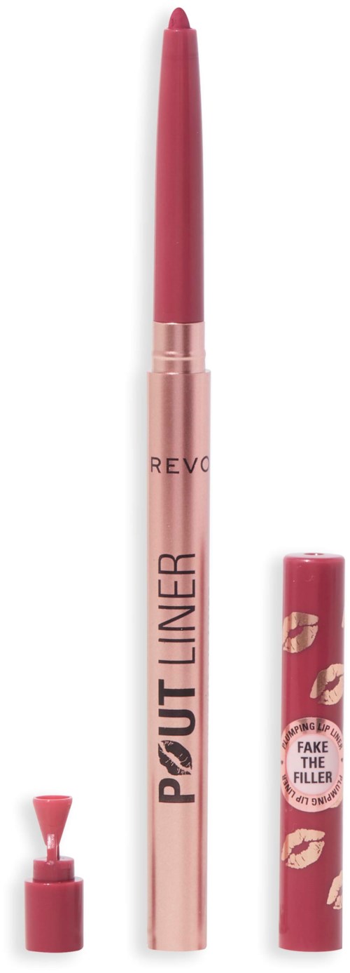 Lippenkonturenstift mit rosa Kappe und Lippenstiftfarbe, mit den Beschriftungen 'POUT LINER' und 'REVO,' inklusive abnehmbarem Kappende.
