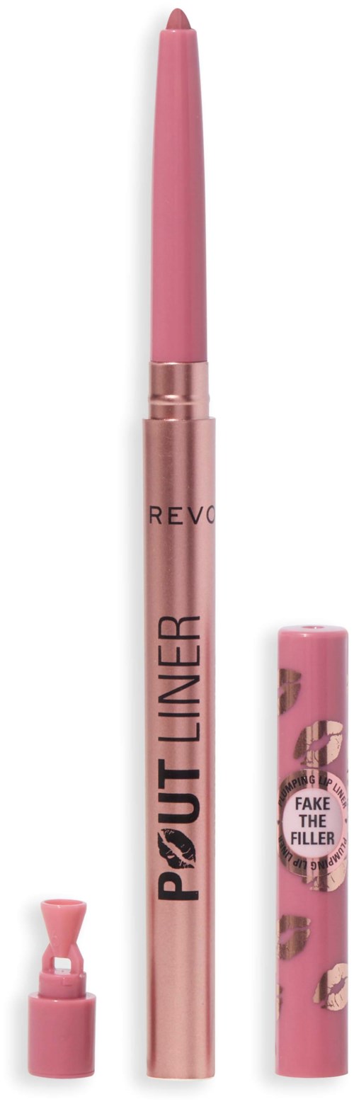 Ein rosa Lipliner mit Deckel und Aufkleber, der "Fake the Filler" sagt.