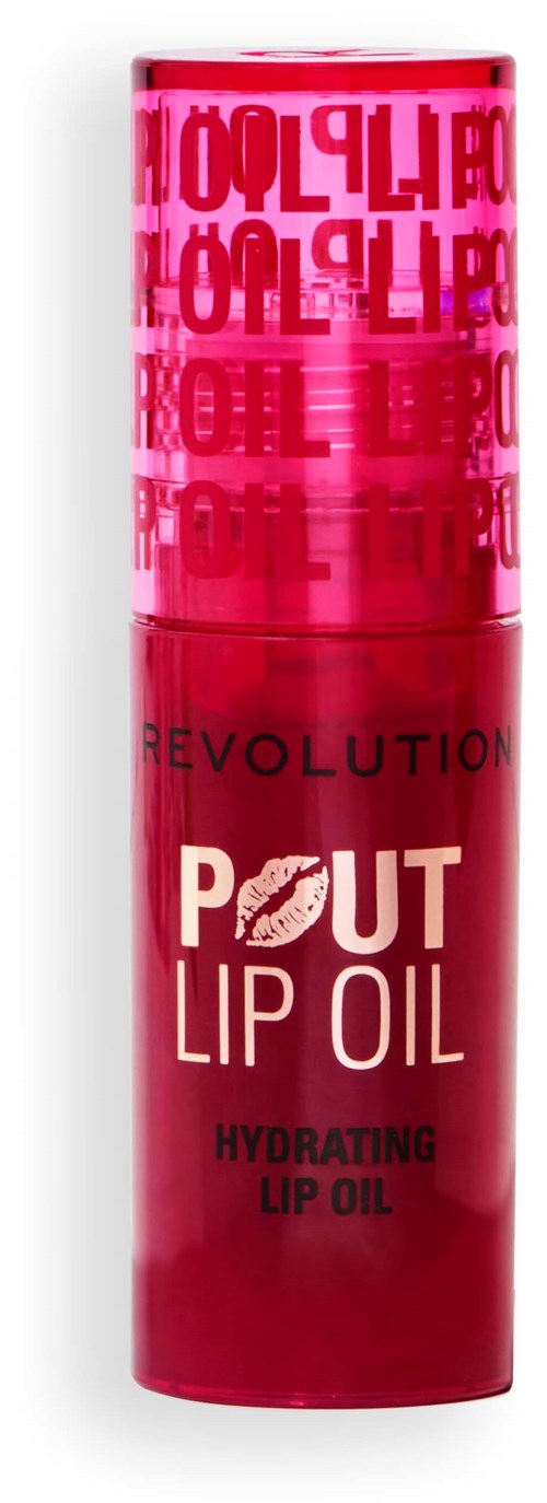Een rode tube lipgloss met de tekst "Pout Lip Oil" en "Hydrating Lip Oil".