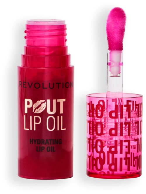 Roze lipolie tube met open deksel, toont een fluffy applicator en de tekst 'Pout Lip Oil' op de tube.