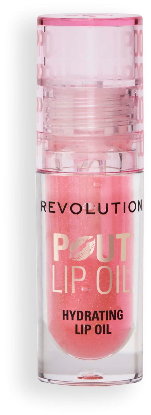 Roze lipolie met een doorzichtige dop, gemerkt 'Revolution Pout Lip Oil Hydrating Lip Oil'.