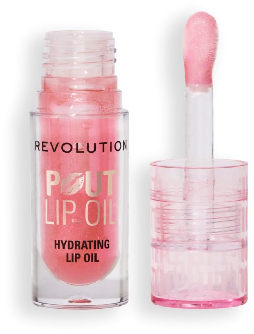 Een roze lipolie in een doorzichtige tube met applicator, met label 'Revolution Pout Lip Oil Hydrating Lip Oil.'