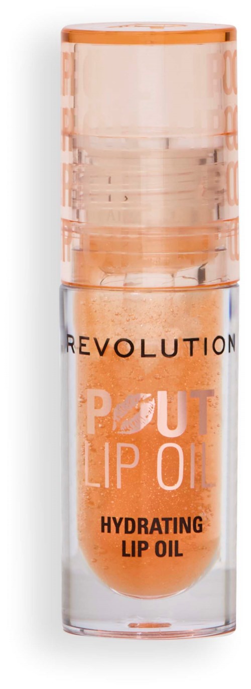Lippenolie in een klein doorzichtig buisje met roze-oranje kleur, gelabeld 'Revolution Put Lip Oil Hydrating Lip Oil.'