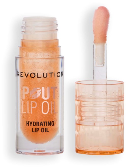 Een tube met perzikkleurige lipolie met een applicatorborstel buiten de fles. Label zegt 'Revolution Pout Lip Oil Hydrating Lip Oil.'