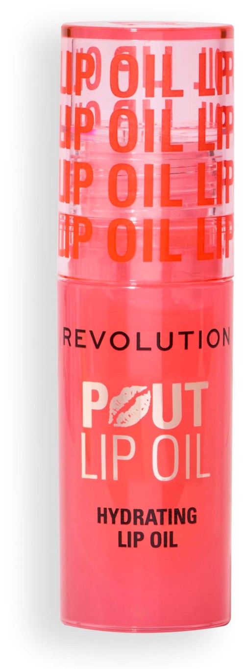 Pink lip balm tube with 'REVOLUTION POUT LIP OIL' and 'HYDRATING' written on it, repeated 'OIL' around the top.