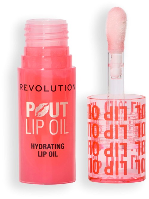 Pink lip oil with a stick applicator, labeled 'Revolution Pout Lip Oil Hydrating Lip Oil'.