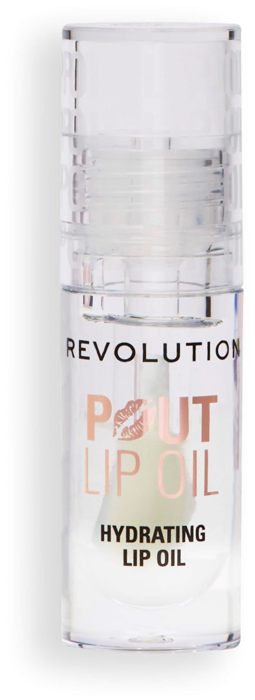 A small clear bottle of lip oil with a white cap, labeled "Revolution Pout Lip Oil Hydrating Lip Oil."