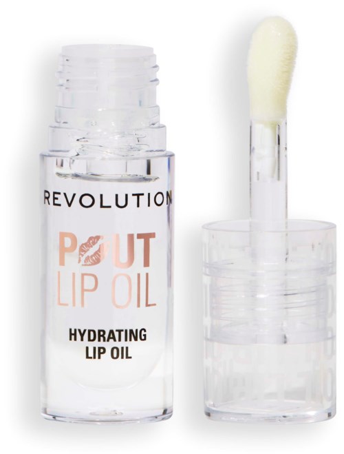 Lip oil in a clear bottle, with a white applicator and a transparent cap.
