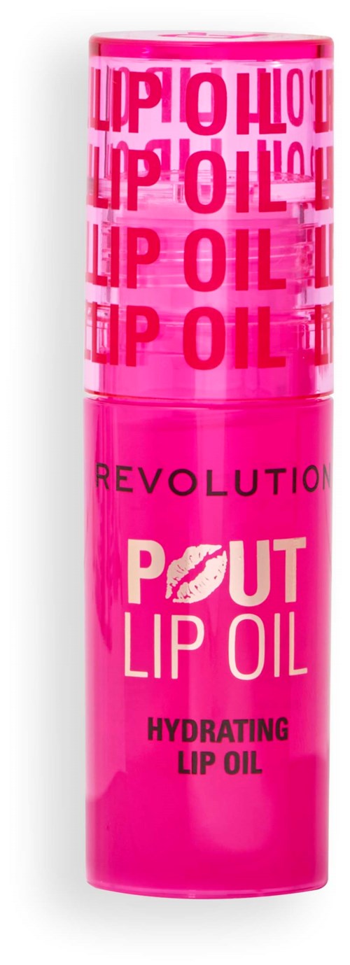 Pink bottle with text 'Revolution Pout Lip Oil' and design elements, indicating a hydrating lip oil product.