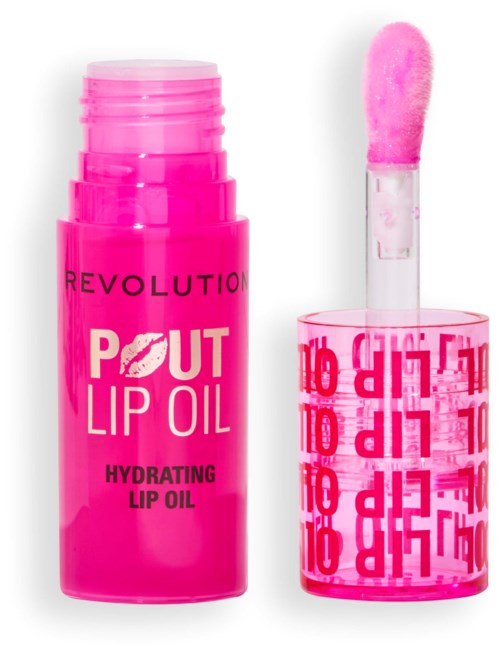 Pink lip oil in a bottle with a wand applicator, labeled 'Revolution Pout Lip Oil Hydrating Lip Oil'.