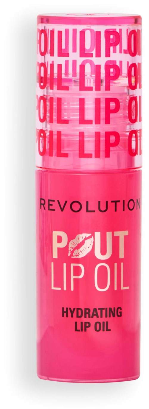 Roze lipbalsamfles met 'OIL LIP' herhaald boven en 'REVOLUTION POUT LIP OIL' eronder.