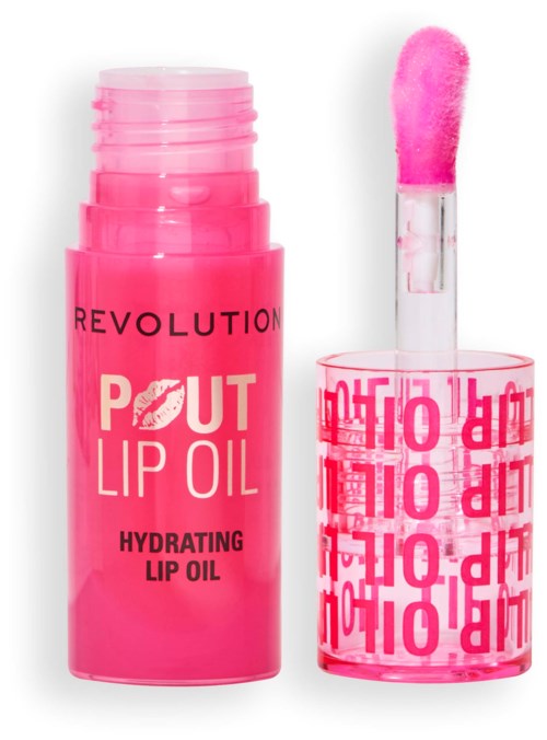 Roze lipolie met applicator, in een roze flesje, gelabeld 'Revolution Pout Lip Oil Hydrating Lip Oil.'