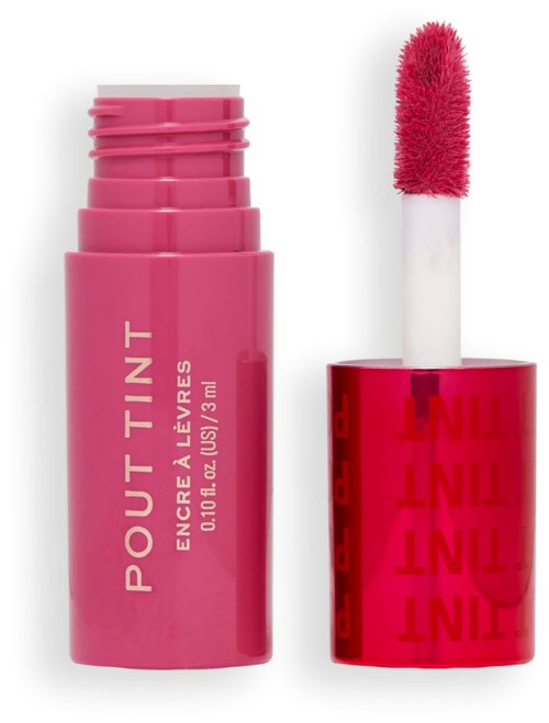 Roze lipgloss tube met applicator, gelabeld "POUT TINT" en "ENQUIRE & LEVENS".