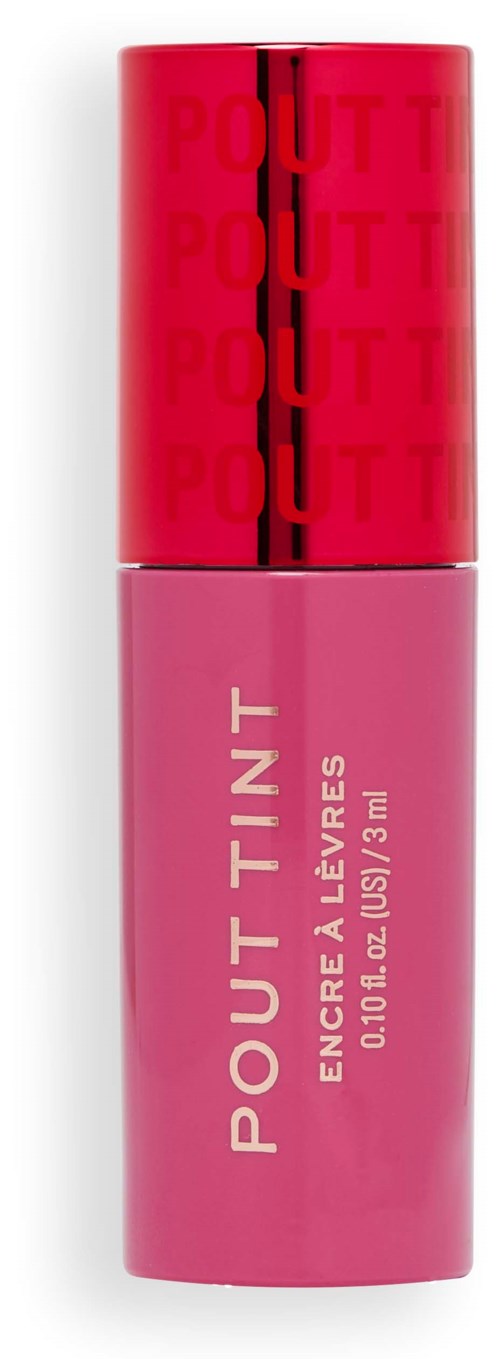 Een roze lipglossfles met een rode dop en herhaald "POUT"-tekstontwerp. Het zegt "Encourages Flaunting" en bevat 3 ml.