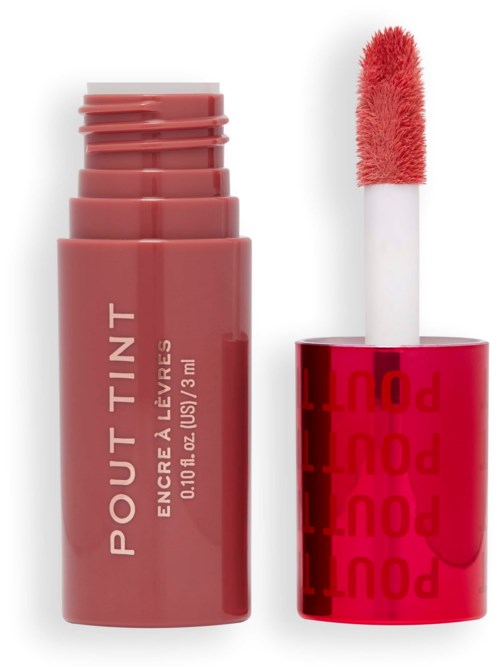 Lipglossverpakking met bijgeleverde applicator. De container is roze en de applicator is rood.