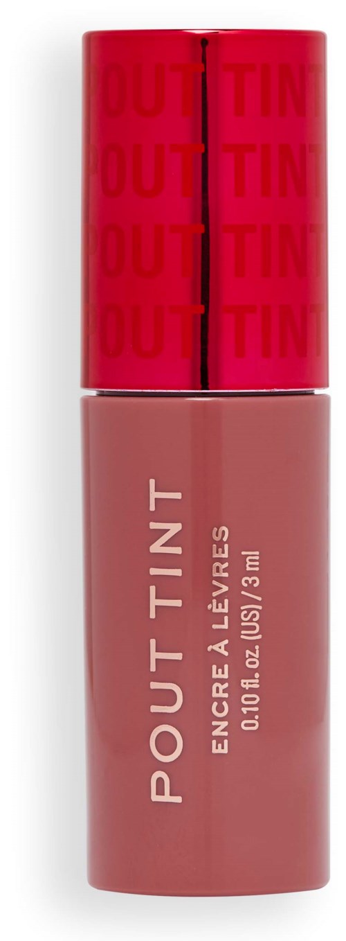 Lippenbalsem fles met roze tint en rood deksel met het woord "OUT" herhaald.