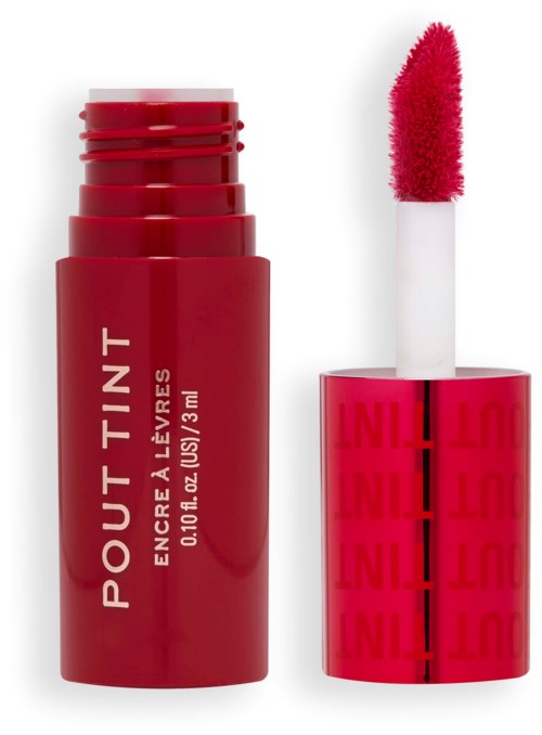 Red lipstick with a matte finish and a white and pink sponge applicator. The cap is shiny and decorated with text.