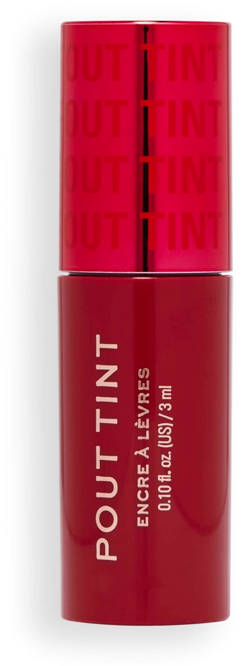 Red lip gloss tube with white text and a black line, labeled 'POUT TINT' and 'ENCRE À LÈVRES'.